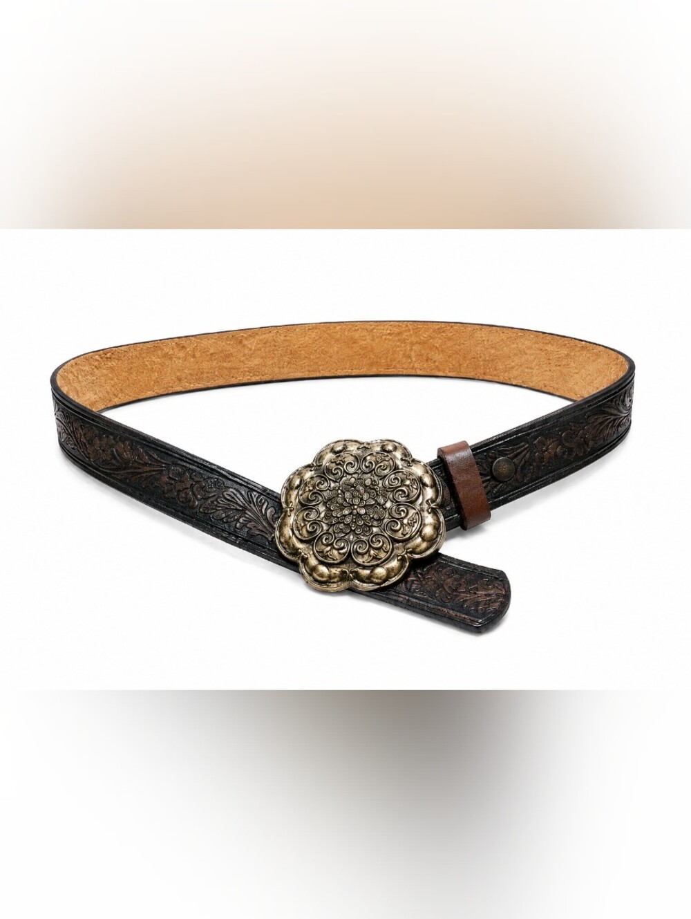 Leatherock Women's Tooled Leather Belt Floral Concho Buckle Western Boho Brown